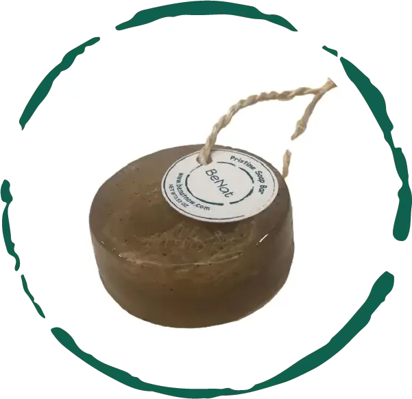 Pristine Soap Bar with loofah, featuring green clay, bamboo, and green tea for natural cleansing.
