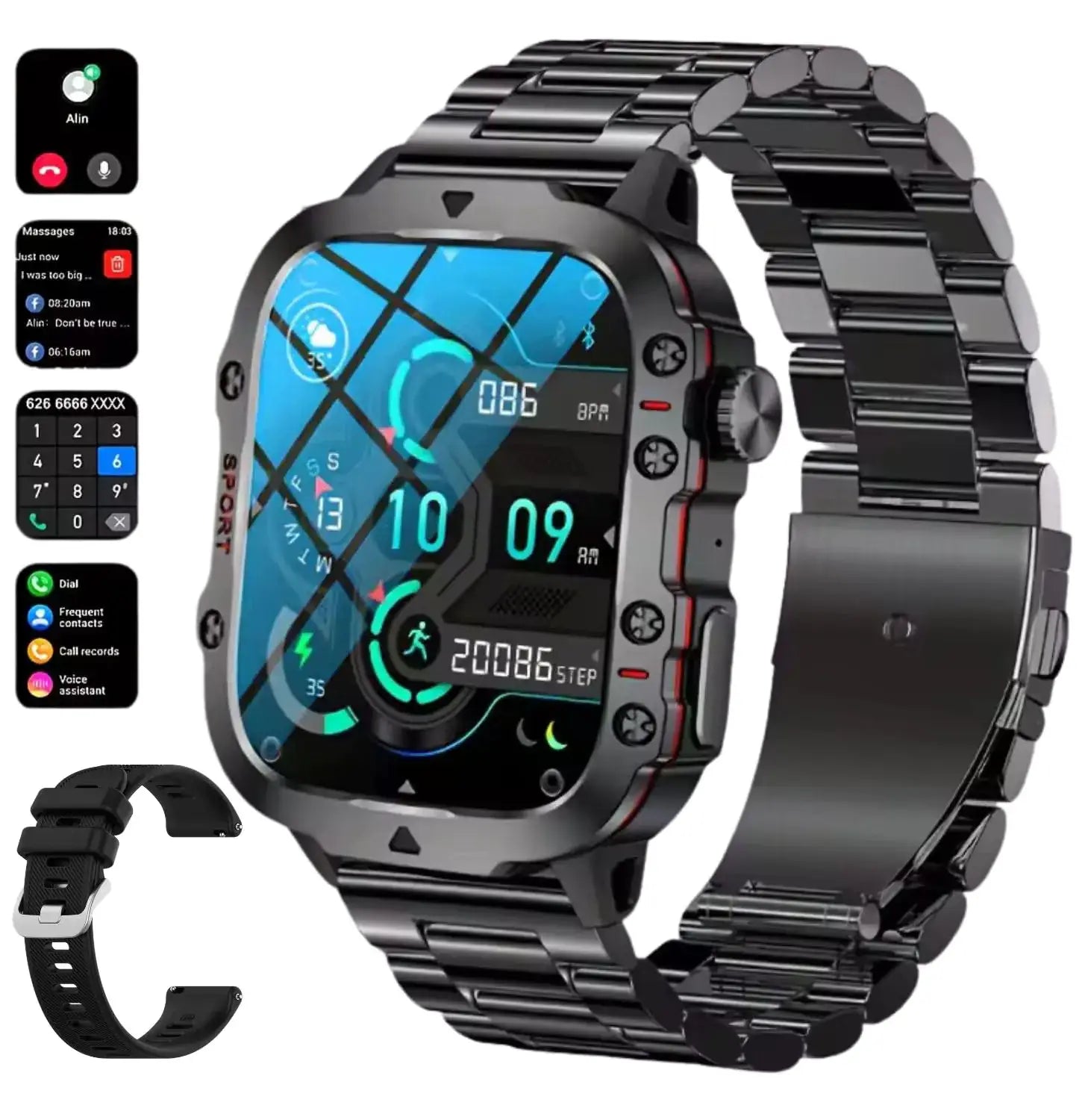 DBOGA Smart Watch for Men showcasing fitness tracking features and stylish black design.