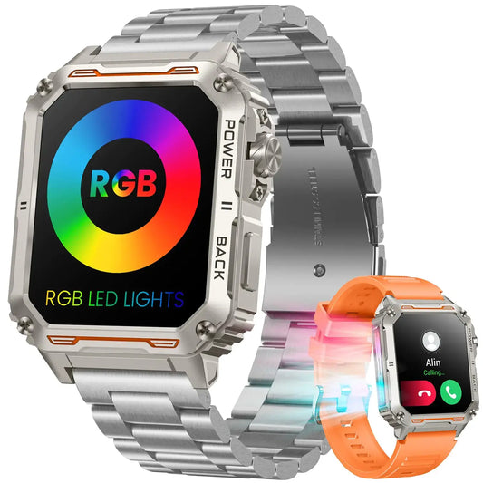 Smartwatch for men with RGB LED lights, touchscreen display, and stylish metal strap, showcasing features and alerts.