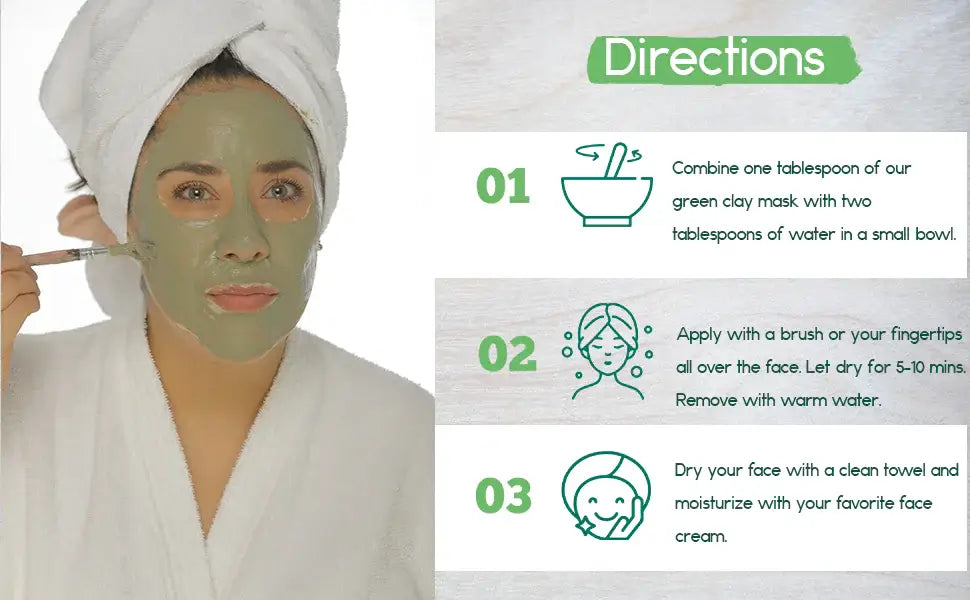 Woman applying green clay mask with instructions for use; detoxifying skincare for all skin types.