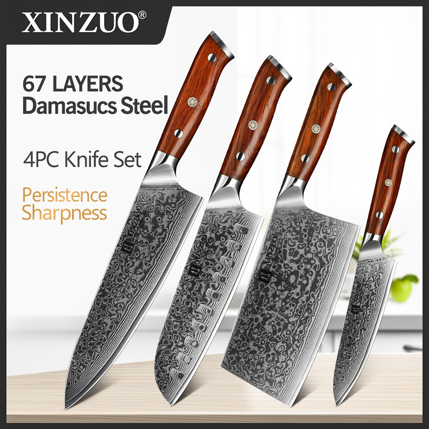 XINZUO 1/4PC Keukenmessenset vg10 Kern Damascus Staal Chef Santoku Gebruiksmes Messen Roestvrij Staal Snijden Vlees Bestek