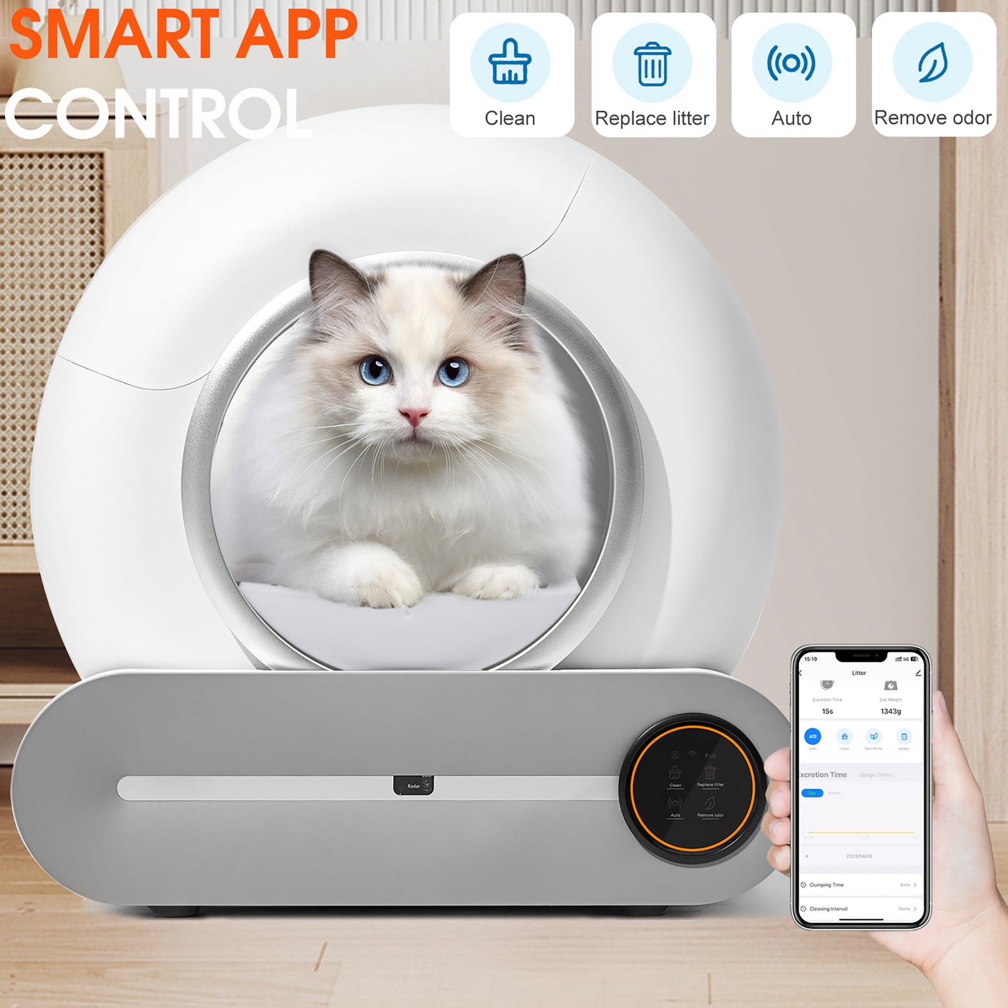 Smart WiFi-Enabled Cat Litter Box with Odor Elimination, Automatic