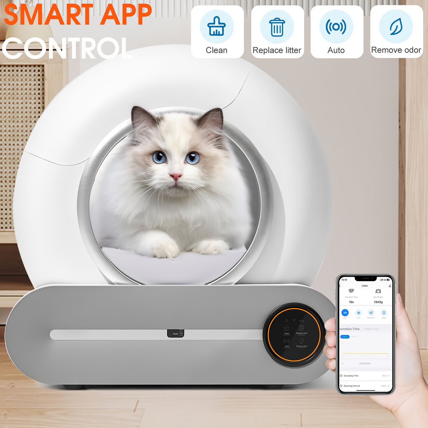 Automatic cleaning, eliminates odors, supports WiFi application control, intelligent automatic cat litter box with padding