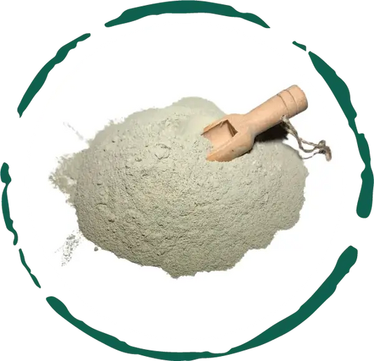 Green clay powder for facial masks, detoxifying and deep cleansing for all skin types, 100% natural ingredients.