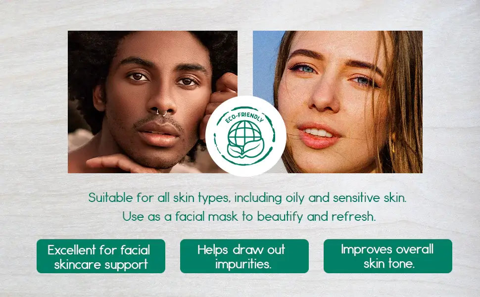 Diverse individuals showcasing benefits of a green clay mask for all skin types, highlighting skincare advantages.
