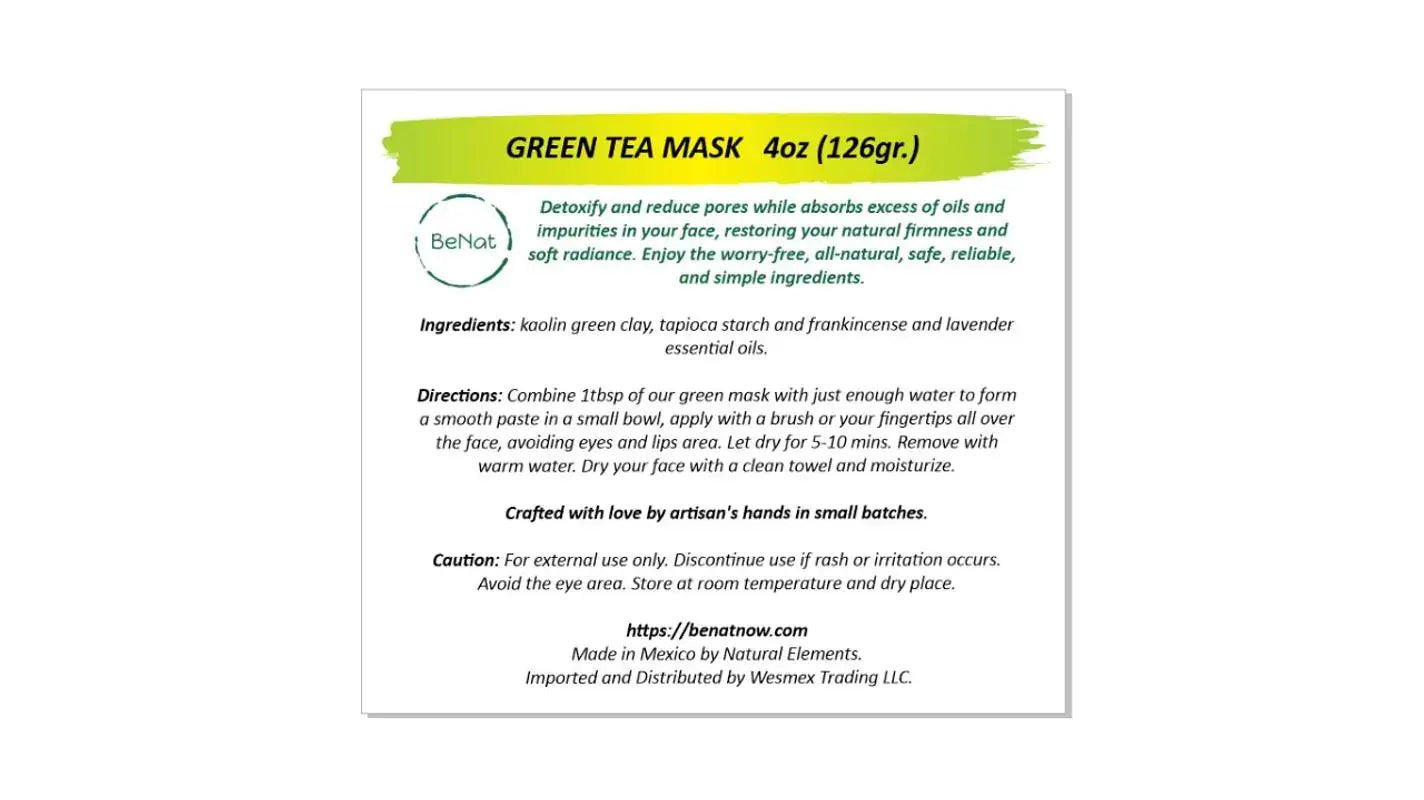 Green Tea Mask product label, detailing ingredients and instructions for detoxifying skin and reducing oil and impurities.