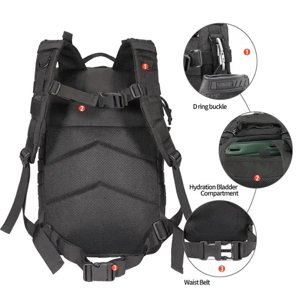 Back view of 42L tactical backpack showing D ring buckle, hydration bladder compartment, and waist belt for comfort and utility.