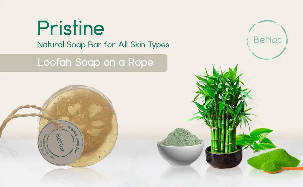 Pristine natural soap bar with loofah, bamboo, and green clay for all skin types.