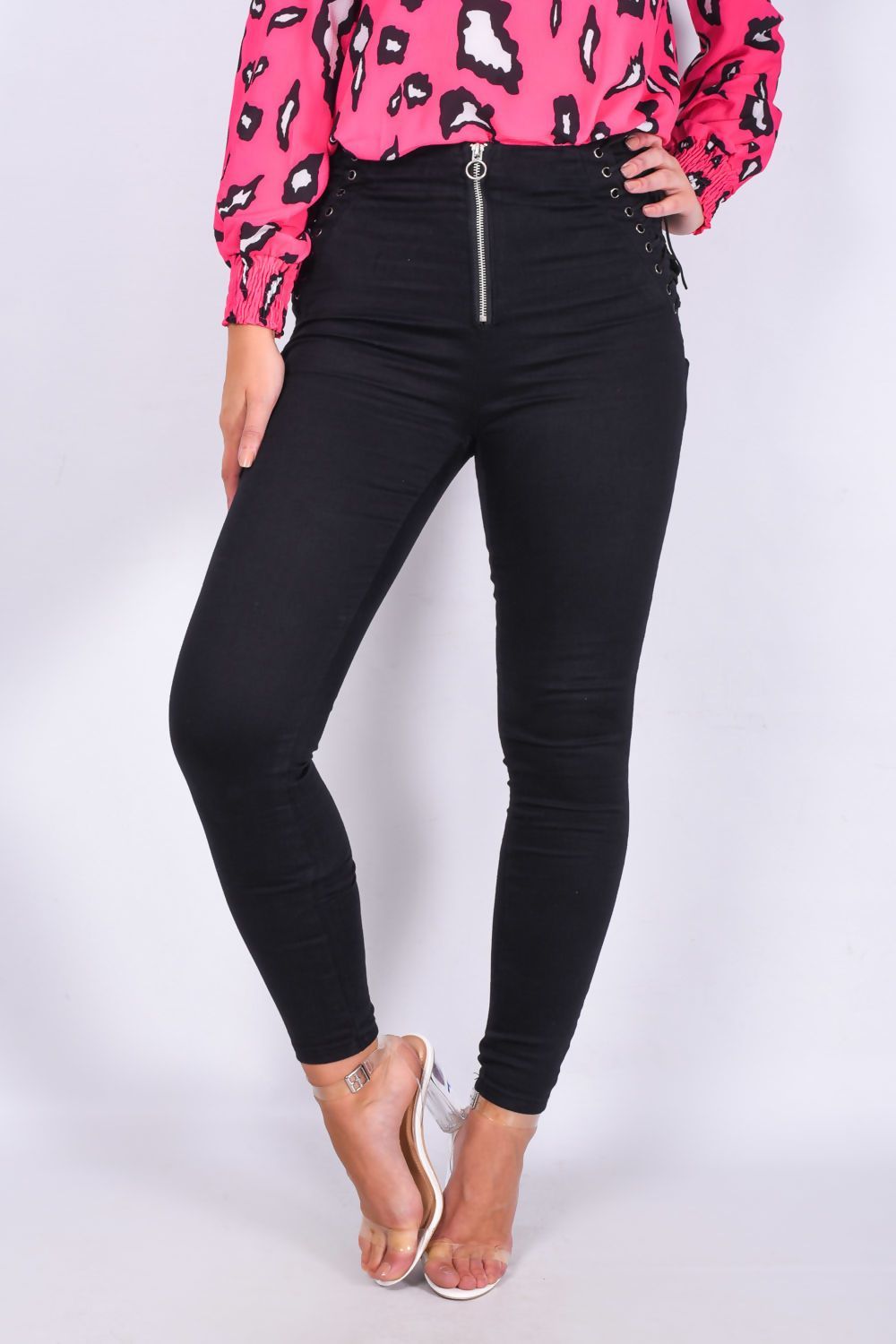 Black Zip Front Skinny Jeans with Lace Up Detail - Women's Clothing