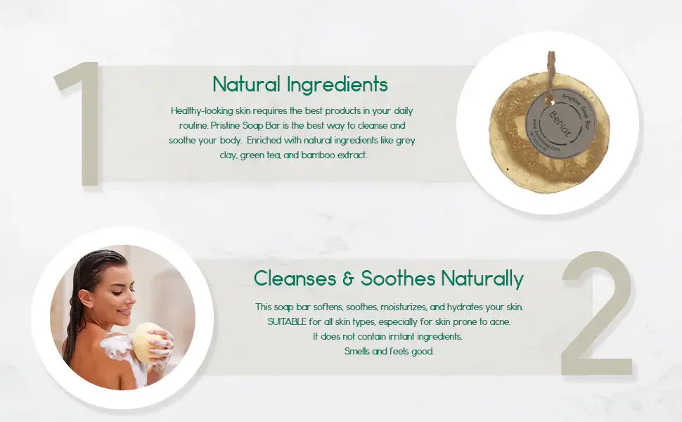 Pristine Soap Bar with green clay, bamboo, and green tea, promoting natural cleansing and soothing for healthy skin.