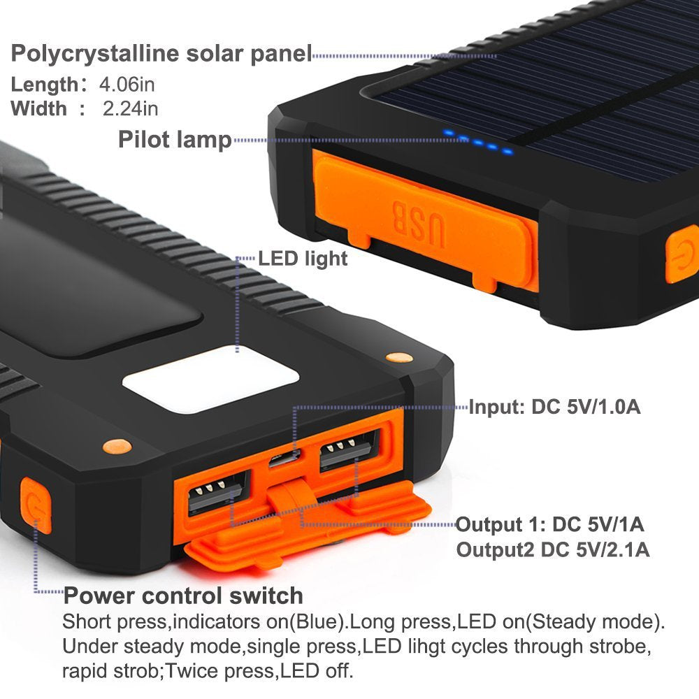 20000mAh Solar Power Bank Tech Accessories USB Ports LED Light