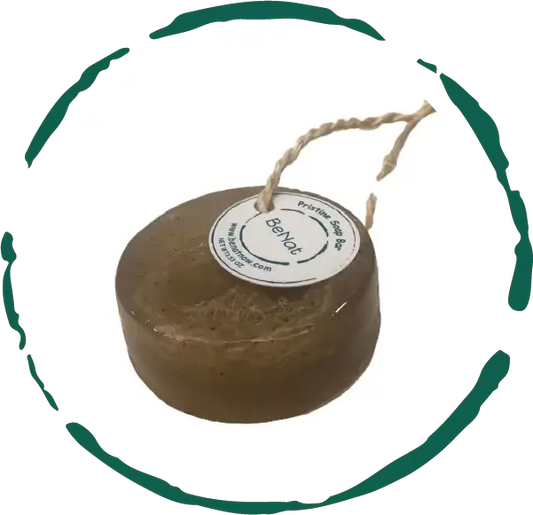 Pristine Soap Bar with loofah, featuring green clay, bamboo, and green tea for natural cleansing.