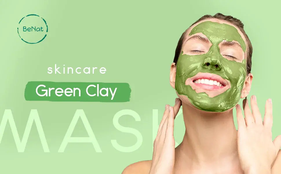 Woman applying green clay mask for skincare, promoting detoxification and natural radiance.