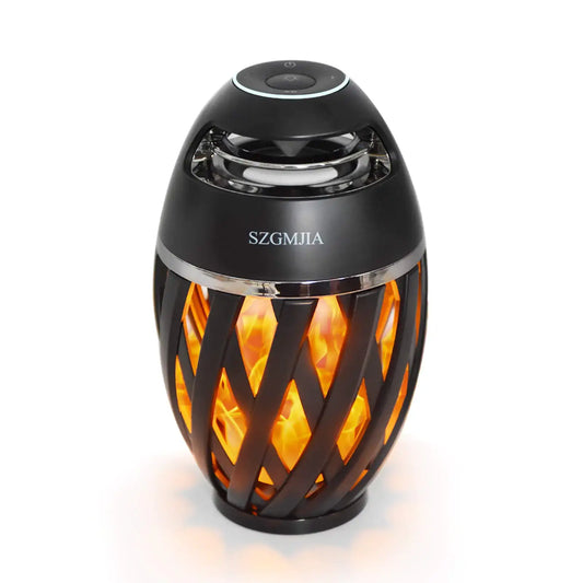 SZGMJIA LED flame speaker lamp with realistic flickering flames, Bluetooth connectivity, and portable design for outdoor use.