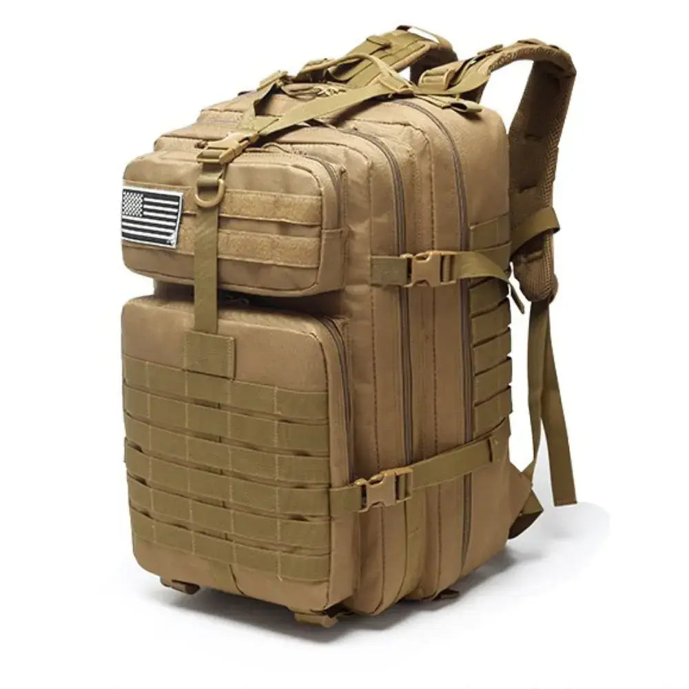 42L tactical backpack with USA patch, waterproof, rip-proof, MOLLE design, durable zips, and adjustable straps.