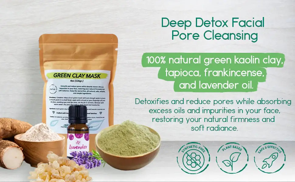 Green clay mask with natural ingredients for detoxifying and deep pore cleansing, suitable for all skin types.
