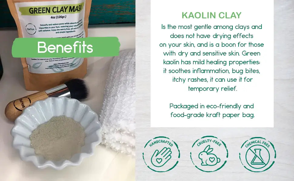 Green clay mask benefits highlighting kaolin clay for gentle skin relief and eco-friendly packaging.