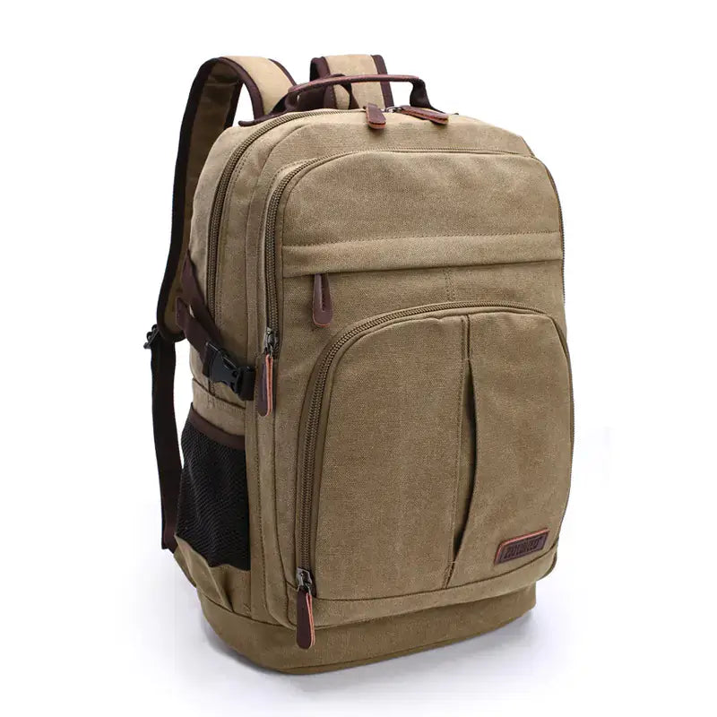 Large capacity canvas backpack in khaki for men and women, perfect for gym, travel, or everyday use.