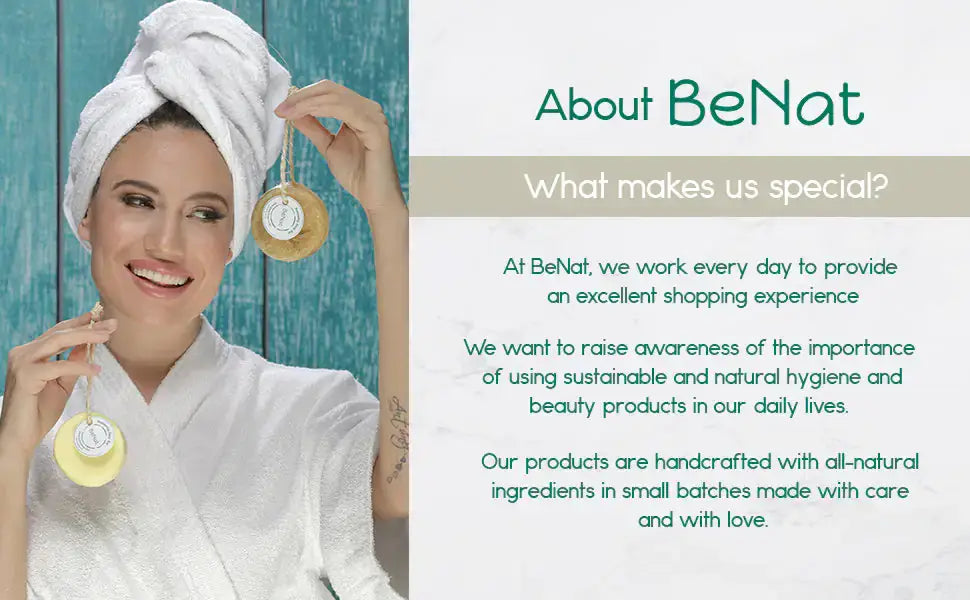 Smiling woman in a robe holding loofah soap on a rope, promoting BeNat's natural beauty products.