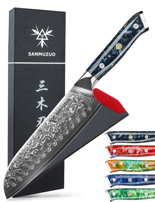 SANMUZUO Santoku knife with Damascus steel blade and resin handle in vibrant colors, showcasing premium kitchen craftsmanship.