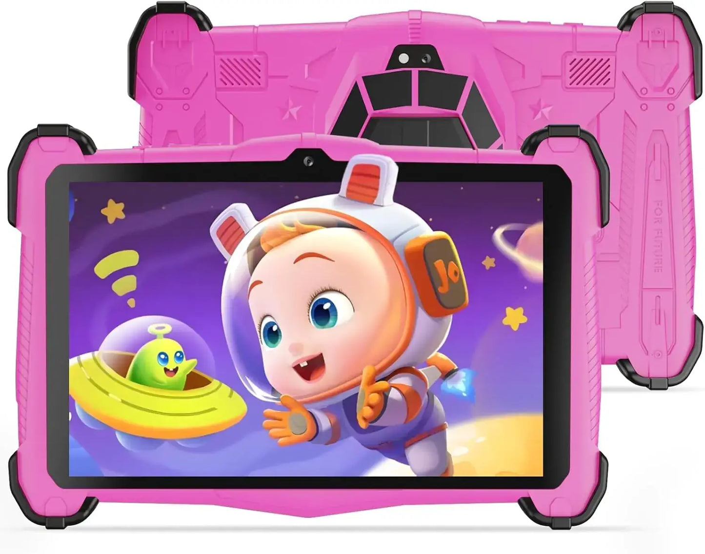 Semeakoko 7-inch kids tablet in pink with cartoon character and outer space theme, kid-proof design for ages 3-12.