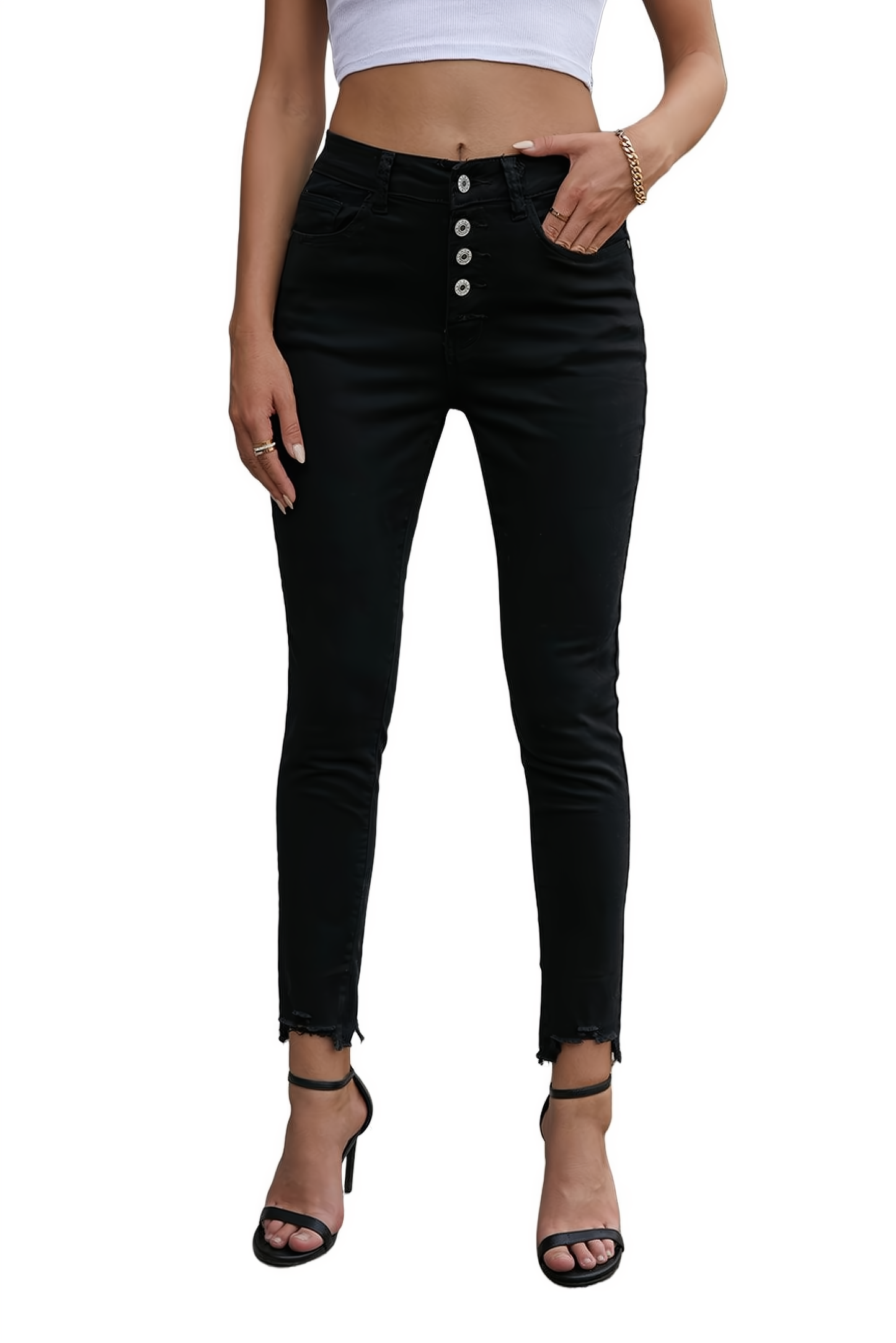 Dames Zwarte Effen Hoge Taille Knopen Gerafelde Cropped Denim Jeans