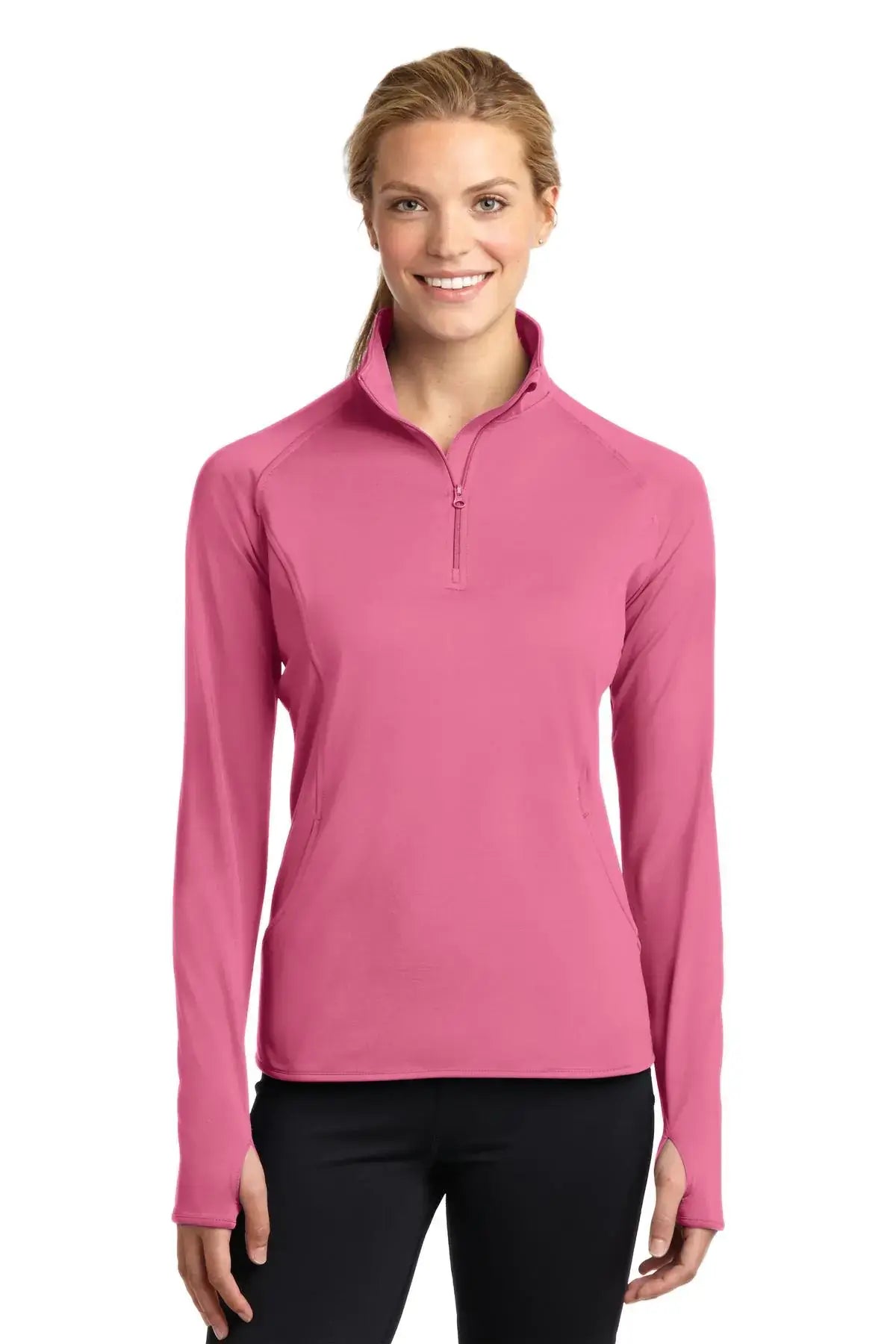 Sport-Tek Ladies Sport-Wick Stretch 1/2-Zip Pullover in Dusty Rose for activewear, featuring long sleeves and a stylish fit.