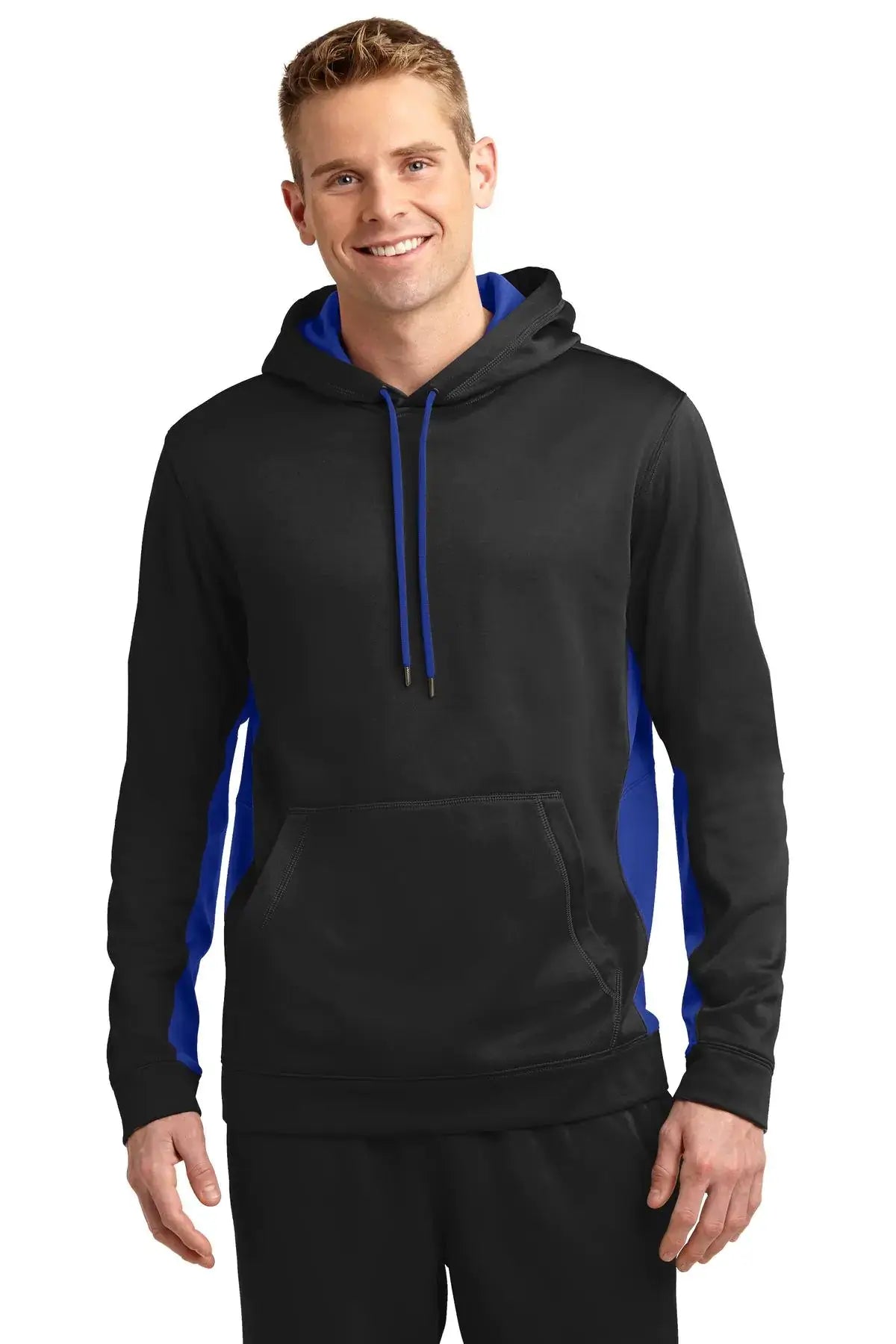 Sport-Tek men's hooded pullover in black and true royal with moisture-wicking fabric and contrast drawcord.