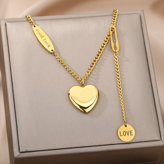 Multilayer Heart Pendant Necklace - Stainless Steel Chain Choker