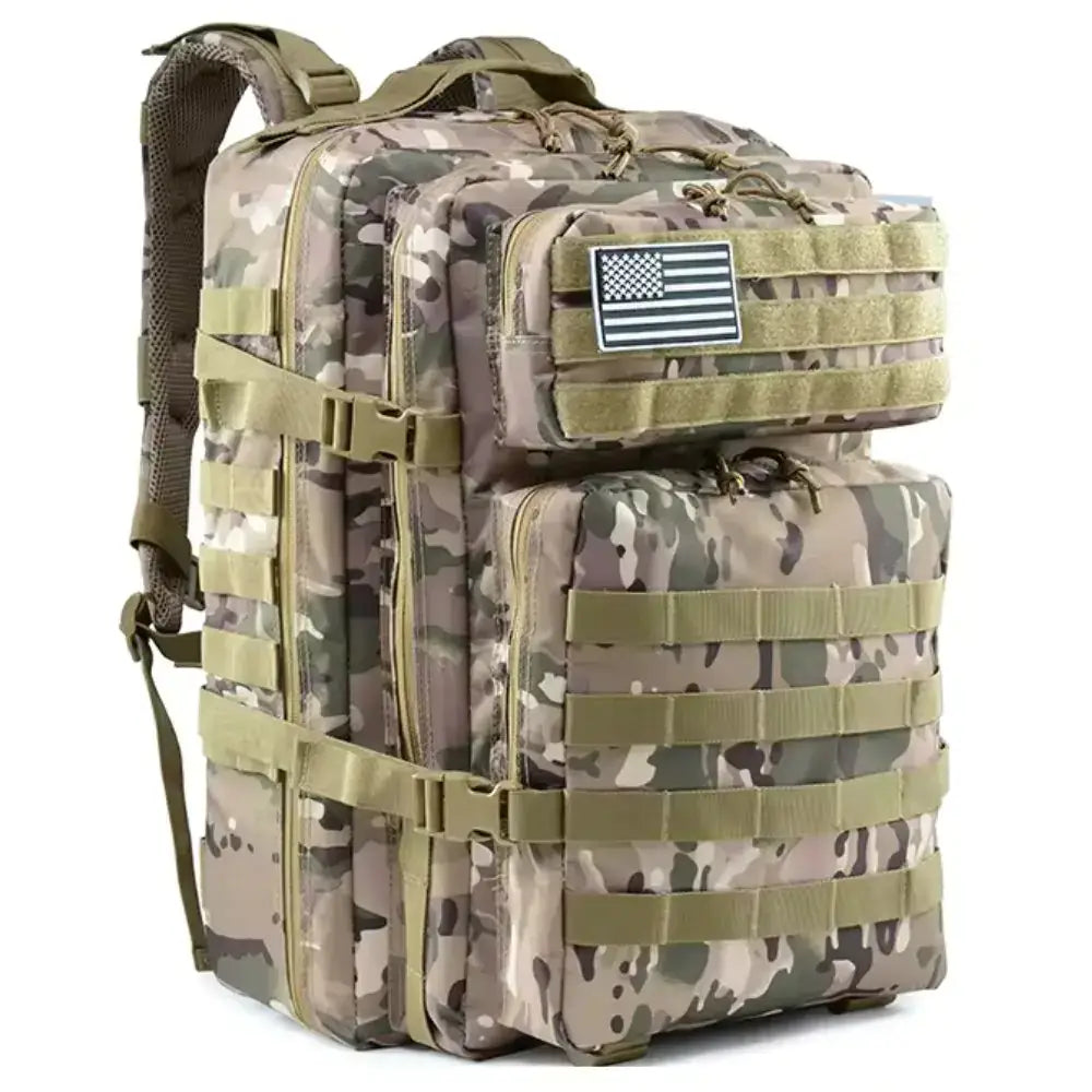 42L tactical backpack bag with USA patch, waterproof, multiple compartments, and MOLLE design for extra attachments.
