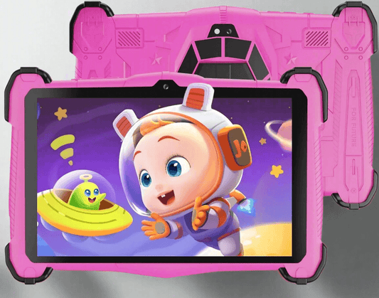 Semeakoko Kids 7-inch tablet in pink with a colorful cartoon display for children, featuring a shockproof case design.