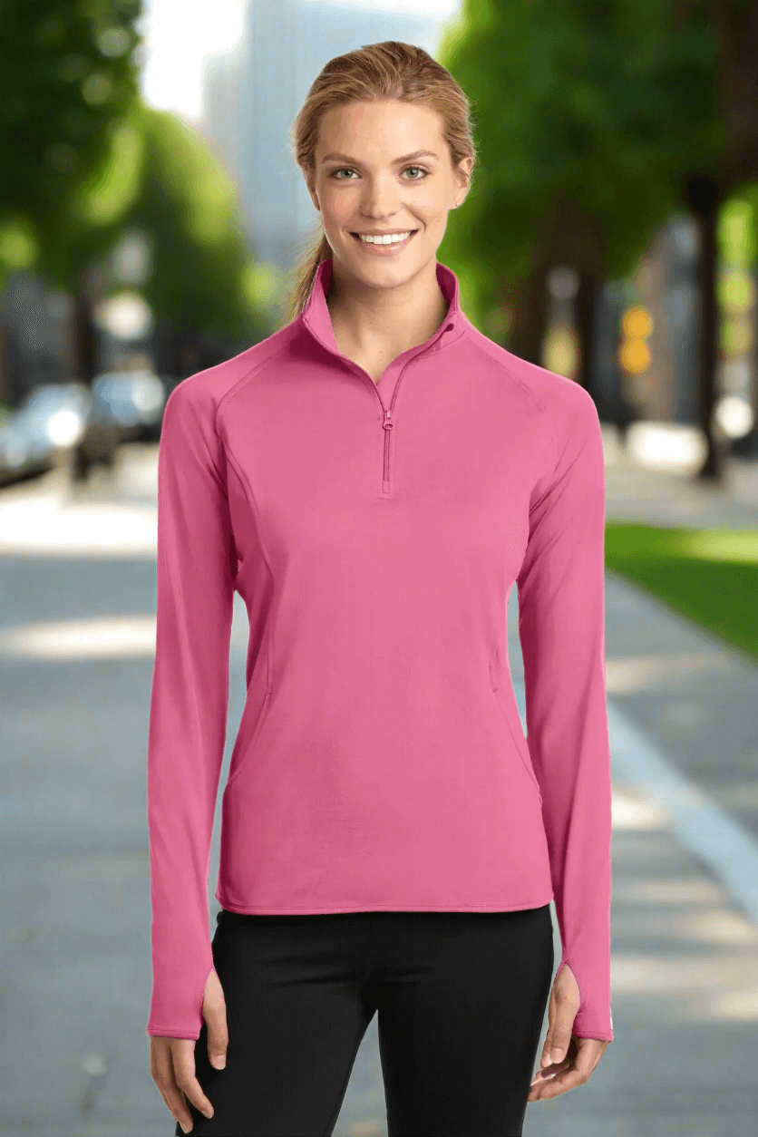 Sport-Tek Ladies Sport-Wick Stretch 1/2-Zip Pullover in Dusty Rose, perfect for active women.