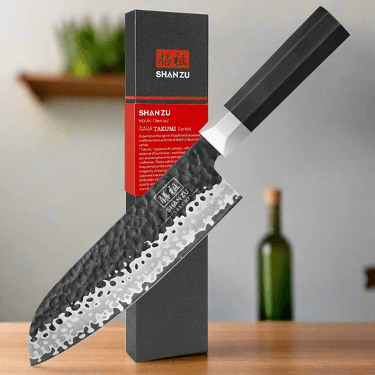 SHAN ZU 7-inch professional chef knife with G10 handle and unique hammered texture, displayed with packaging.