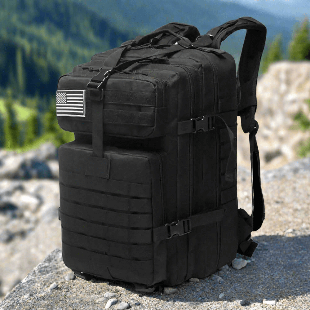 42L tactical backpack bag with USA flag patch, waterproof, rip-proof, spacious compartments, and MOLLE system design.
