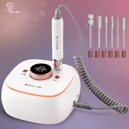 BOLASEN Professional Brushless Nail Drill with display and drill bits for salon use, 40000 RPM speed.