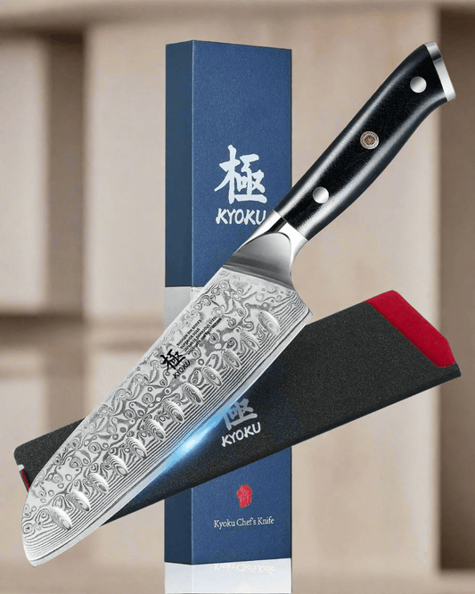 KYOKU 7-inch Santoku knife with VG10 Damascus steel blade and G10 handle in presentation box.