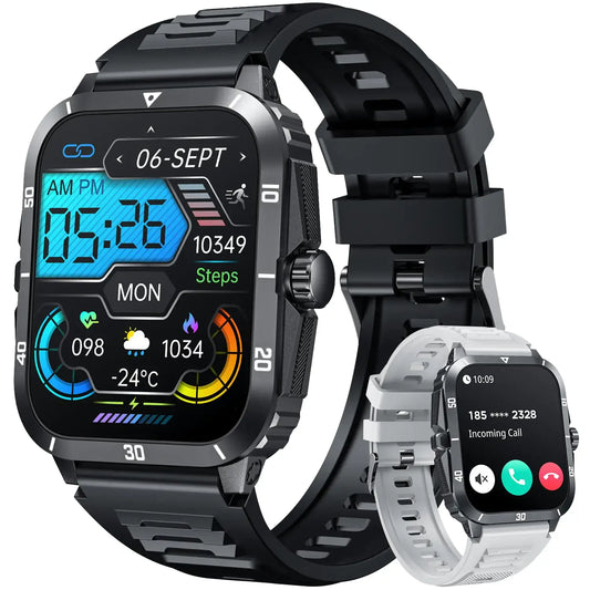 Smartwatch for men with full touchscreen display, fitness tracking, waterproof feature, and call functionality.