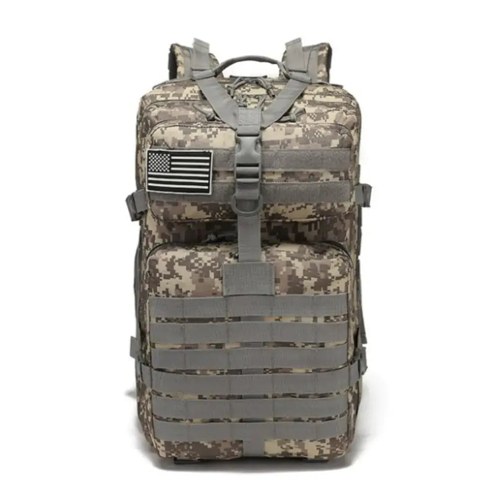 42L tactical backpack bag with USA patch, waterproof design, MOLLE system, multiple compartments, and durable hardware.