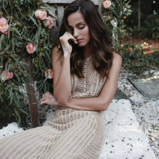 Cayetana Lace Up Beach Cover Up Dress in crochet knit with V-neck, perfect for stylish pool days.
