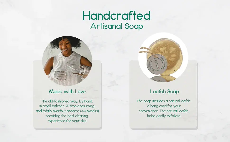 Handcrafted artisanal soap details highlighting love and loofah benefits for skin care.