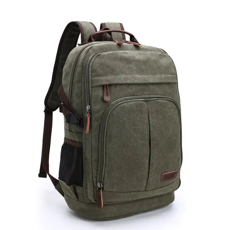 Large capacity canvas backpack for men and women in olive green, ideal for travel and everyday use.