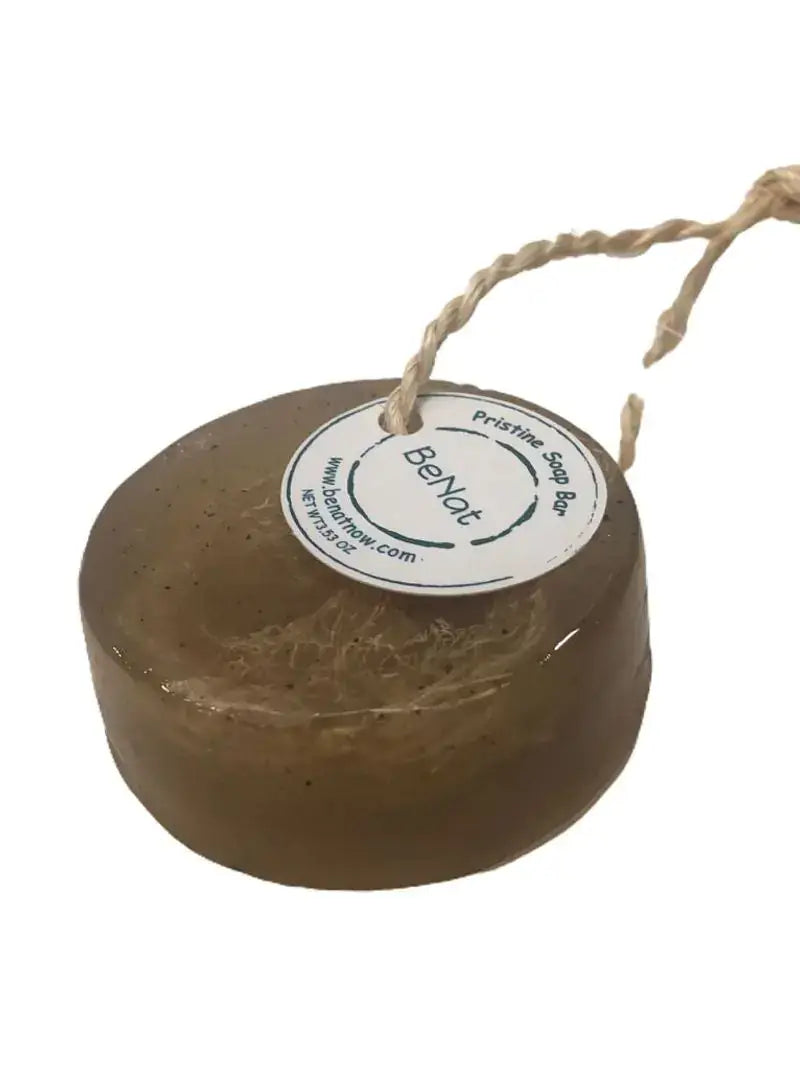 Pristine Soap Bar with loofah, featuring natural green clay, bamboo, and green tea for gentle cleansing.