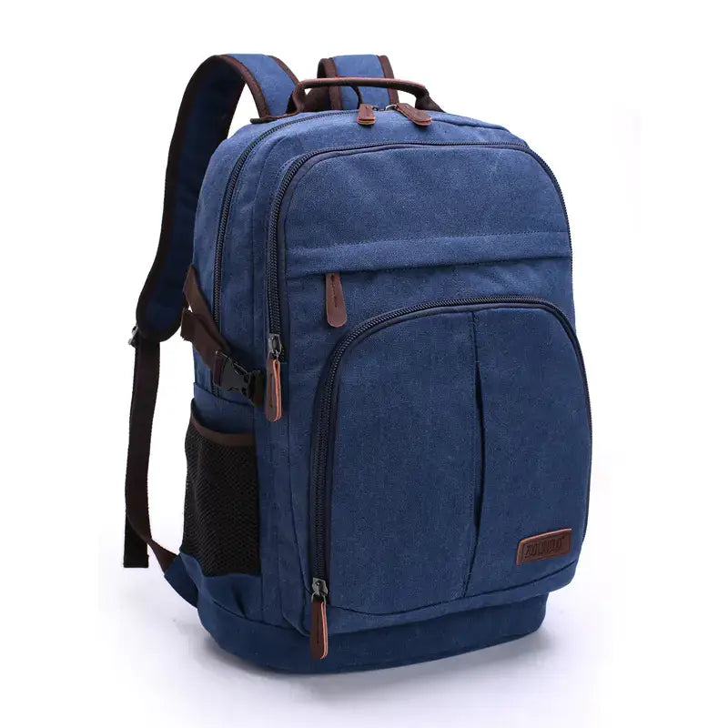 Large capacity canvas backpack for men and women in blue with multiple compartments and stylish design.