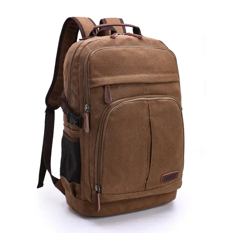 Large capacity canvas backpack for men and women, versatile design in brown, ideal for travel and everyday use.