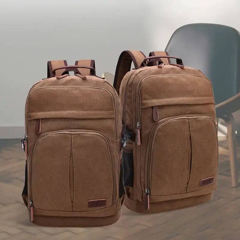 Large capacity canvas backpack in brown for men and women, perfect for everyday use and travel.