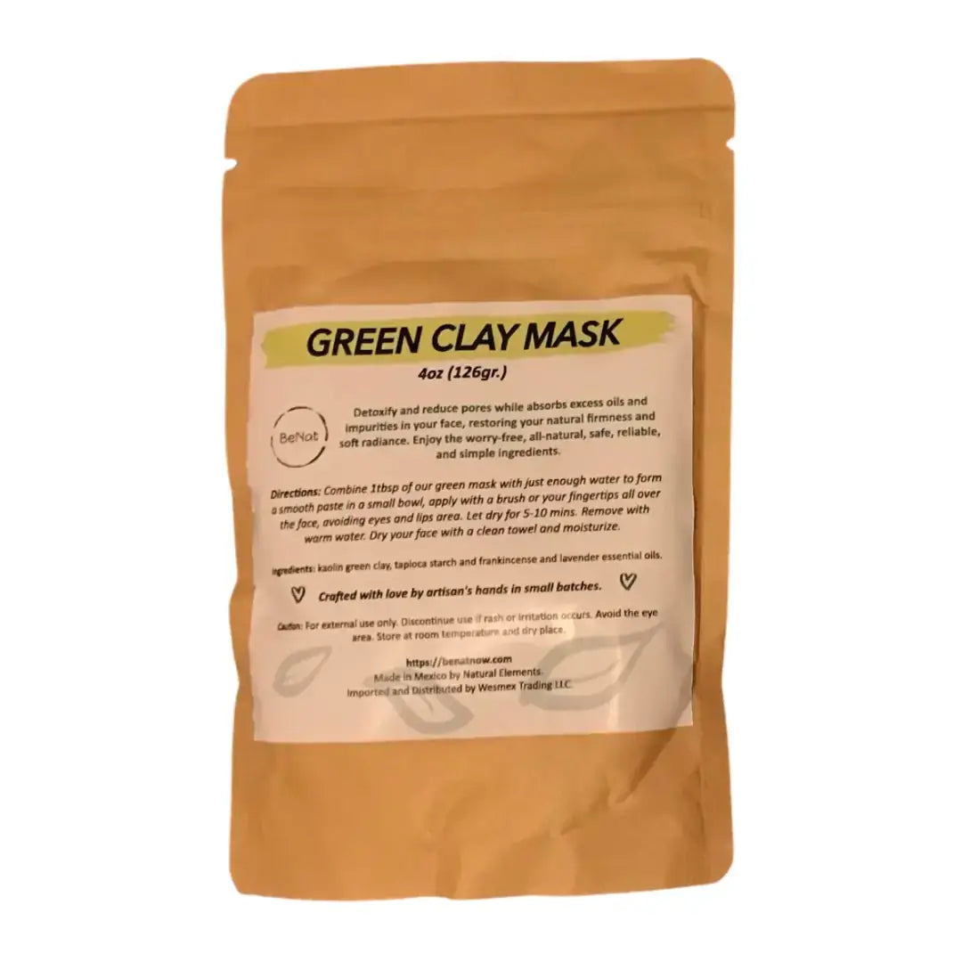Green Clay Mask packaging, all-natural facial treatment for deep pore cleansing and skin revitalization.