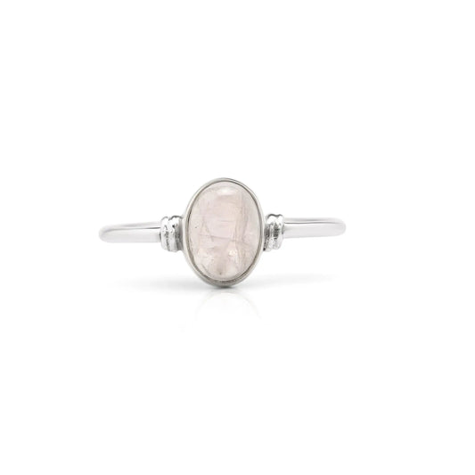 Koral Jewelry vintage oval moonstone ring in 925 sterling silver, boho chic style, showing detailed stone setting.