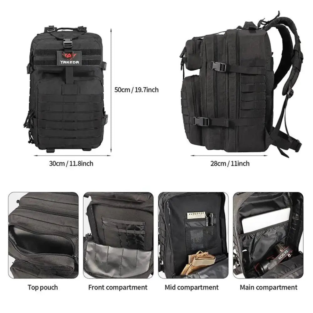 42L tactical backpack showcasing multiple compartments, waterproof material, and MOLLE design for outdoor adventures.